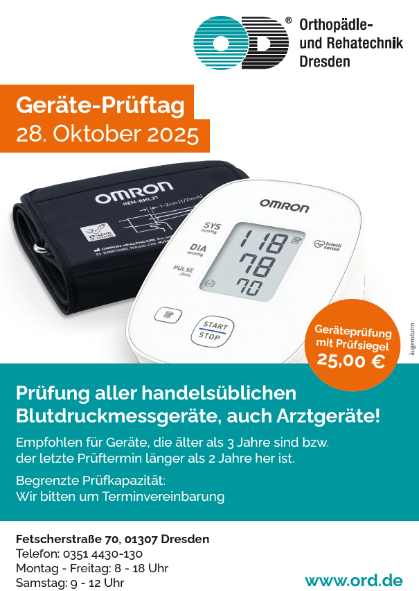 Blutdruckmessgerät von Omron mit Manschette, Ankündigung zum Blutdruckmessgeräte-Prüftag am 28. Oktober 2025 auf der Fetscherstraße 70 in Dresden. Prüfung aller handelsüblichen Blutdruckmessgeräte, Preis 25 Euro