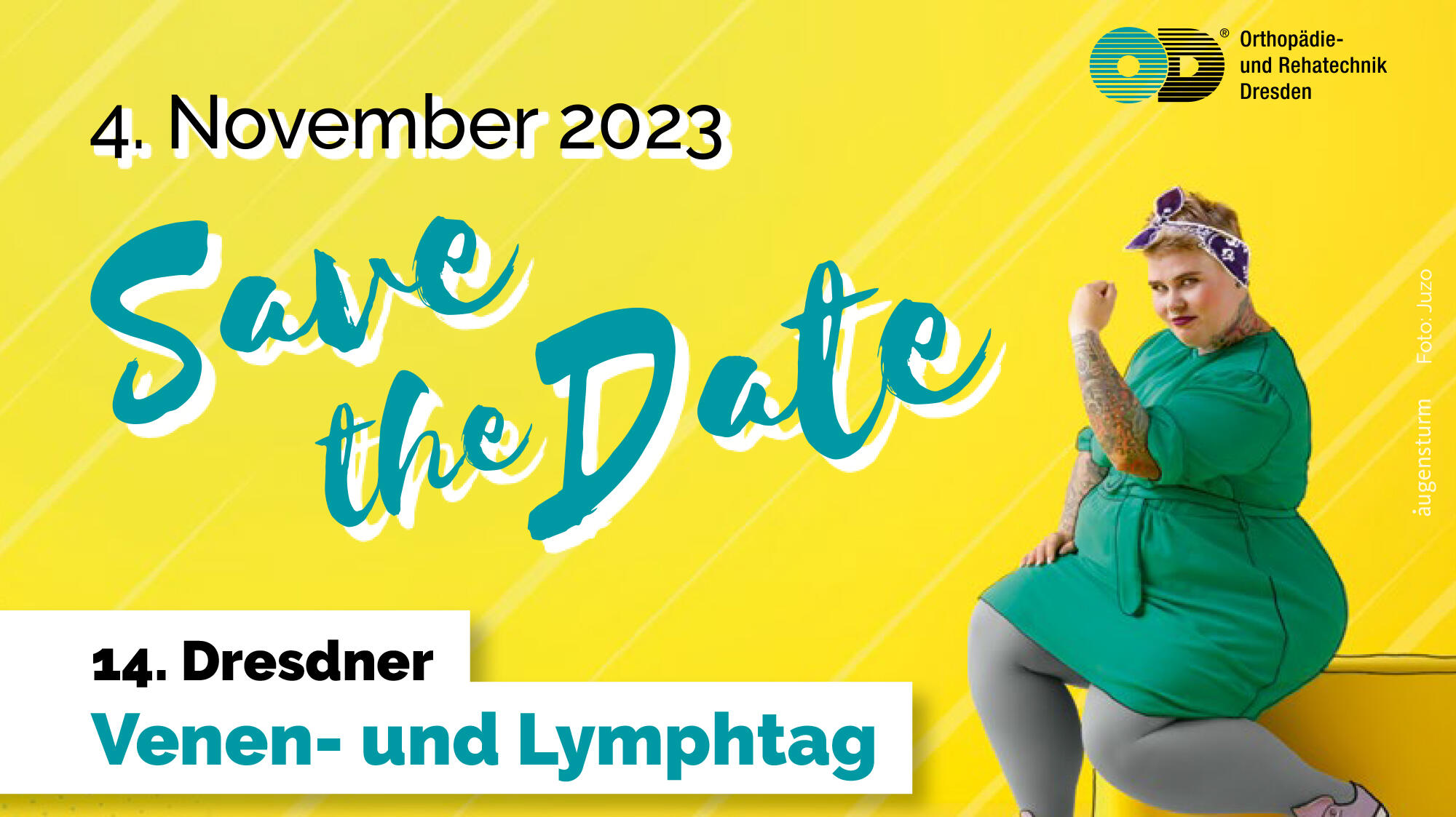 14. Venen und Lymphtag am 4.11.2023 - Save the Date mit gelben Hintergrund und einer starken Frau sitzend