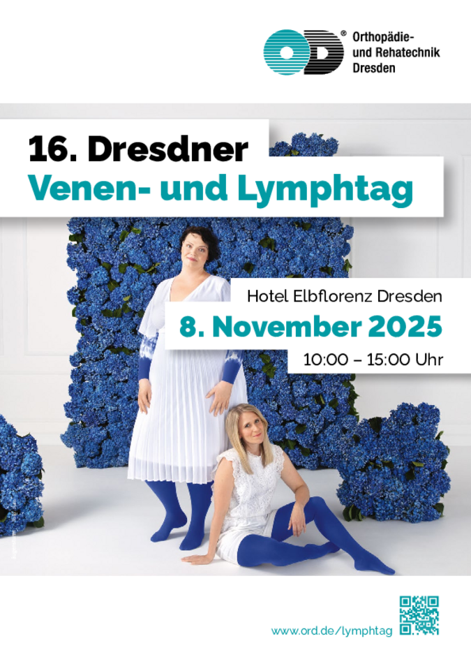 Plakat zum 16. Dresdner Venen-und Lymphtag am 08.11.2025; Eine Frau steht und dafür sitz eine zweite Frau auf dem Boden