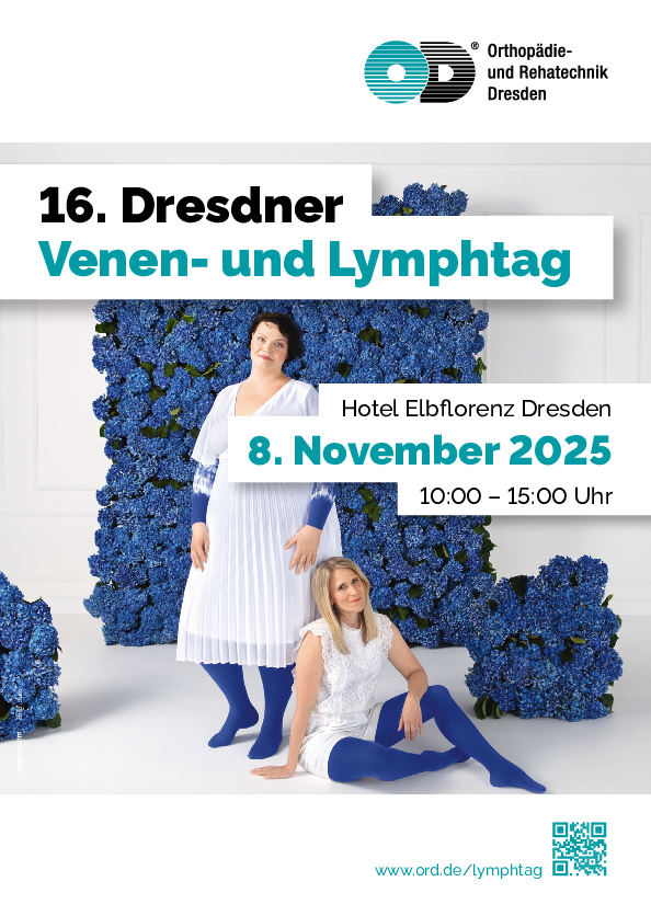 Plakat zum 16. Dresdner Venen-und Lymphtag am 08.11.2025; Eine Frau steht und dafür sitz eine zweite Frau auf dem Boden