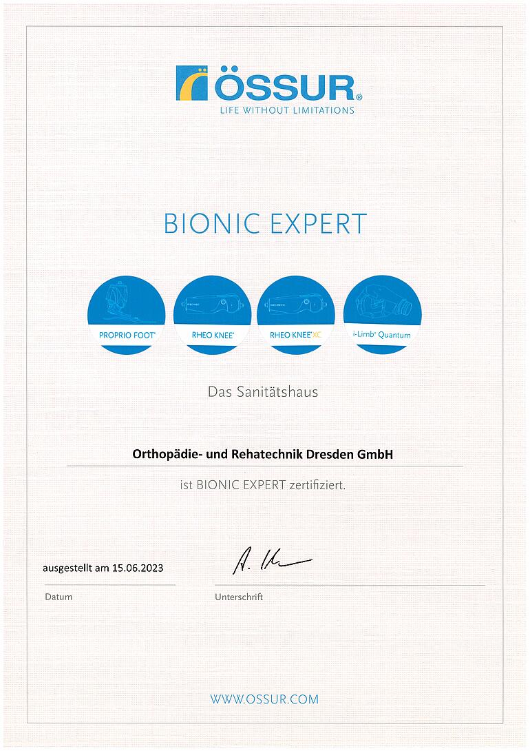 Zertifizierungsurkunde von Össur für PROPRIO FOOT, RHEO KNEE, RHEO KNEE XC, I-Limb Quantum