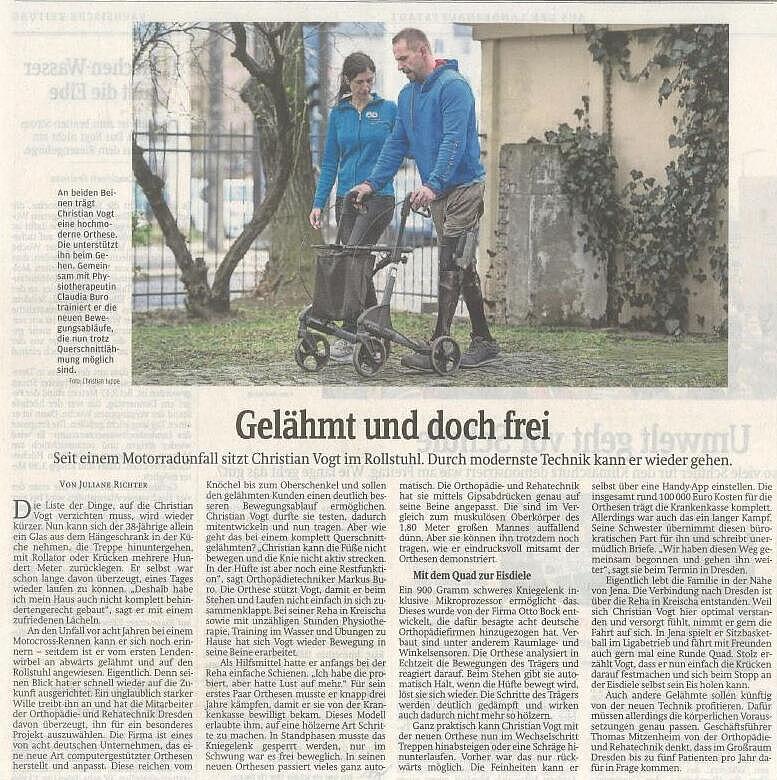 Artikel Sächsische Zeitung 16./17. März 2019 "Gelähmt und doch frei" Artikel der Sächsische Zeitung vom 16./17. März 2019 "Gelähmt und doch frei" über einen gelähmten Patienten, der mit der C-Brace-Technologie wieder gehen kann